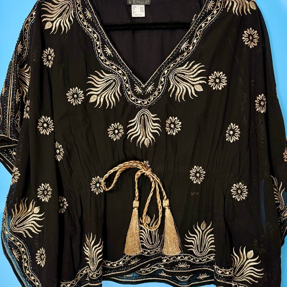 VENUS Black Blouse with Gold Embroidery